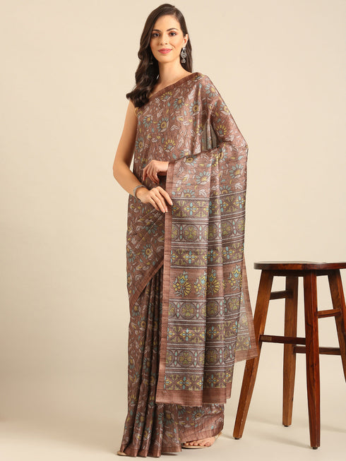 Women Brown Cotton Saree With Un Stitched Blouse